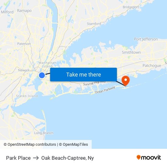 Park Place to Oak Beach-Captree, Ny map