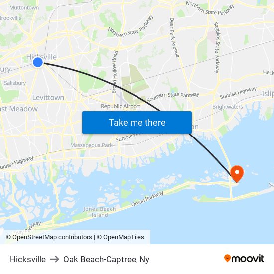 Hicksville to Oak Beach-Captree, Ny map