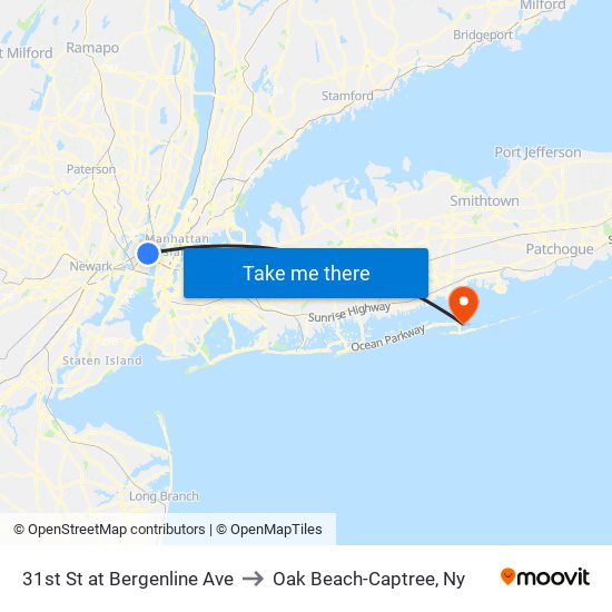 31st St at Bergenline Ave to Oak Beach-Captree, Ny map