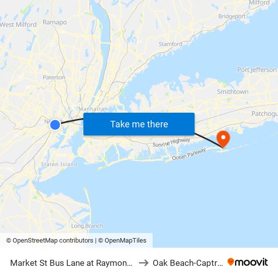 Market St Bus Lane at Raymond Plaza W to Oak Beach-Captree, Ny map