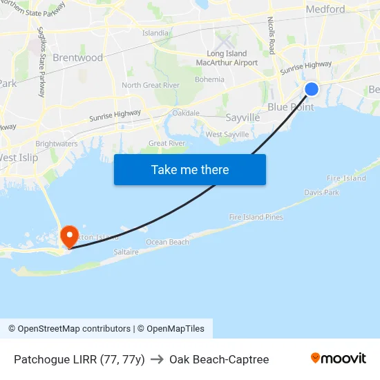 Patchogue LIRR (77, 77y) to Oak Beach-Captree map