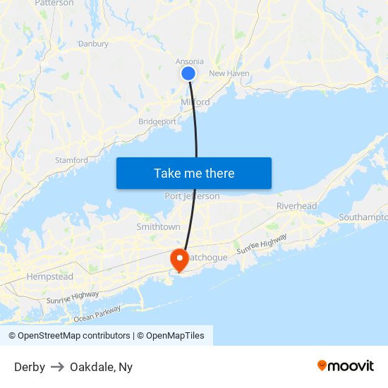 Derby to Oakdale, Ny map