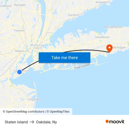 Staten Island to Oakdale, Ny map