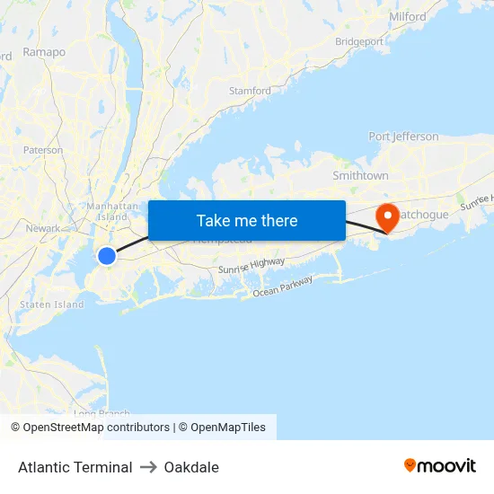Atlantic Terminal to Oakdale map