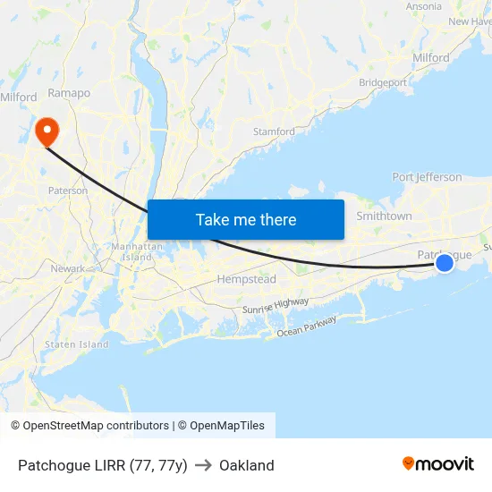 Patchogue LIRR (77, 77y) to Oakland map