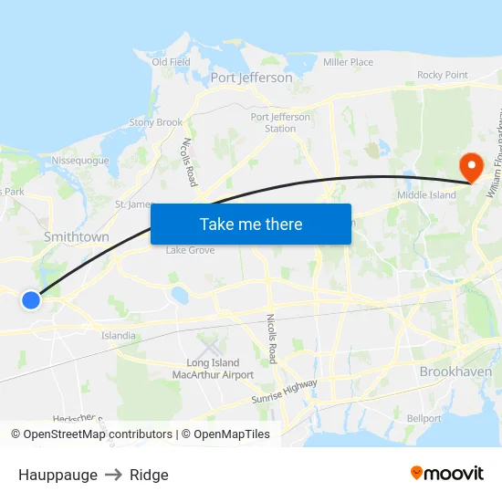 Hauppauge to Ridge map