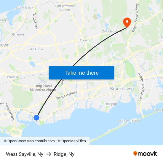 West Sayville, Ny to Ridge, Ny map