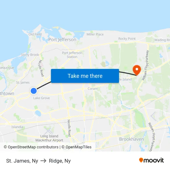 St. James to Ridge, Ny map