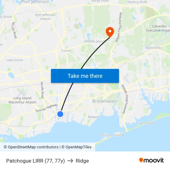Patchogue LIRR (77, 77y) to Ridge map