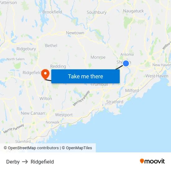 Derby to Ridgefield map