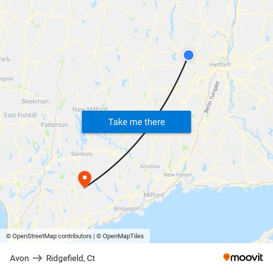 Avon to Ridgefield, Ct map