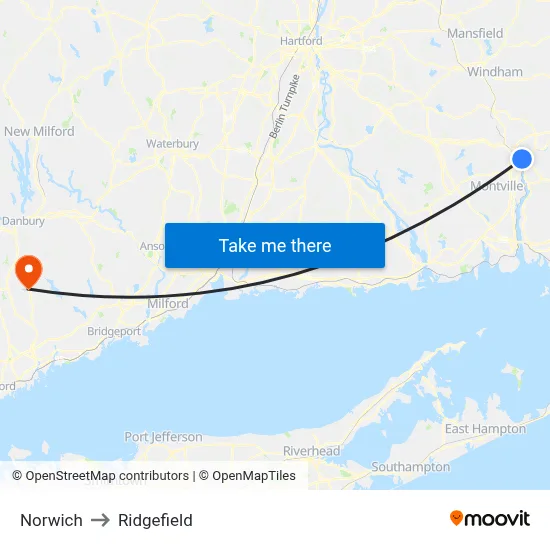 Norwich to Ridgefield map