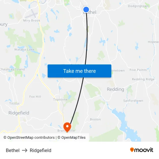 Bethel to Ridgefield map