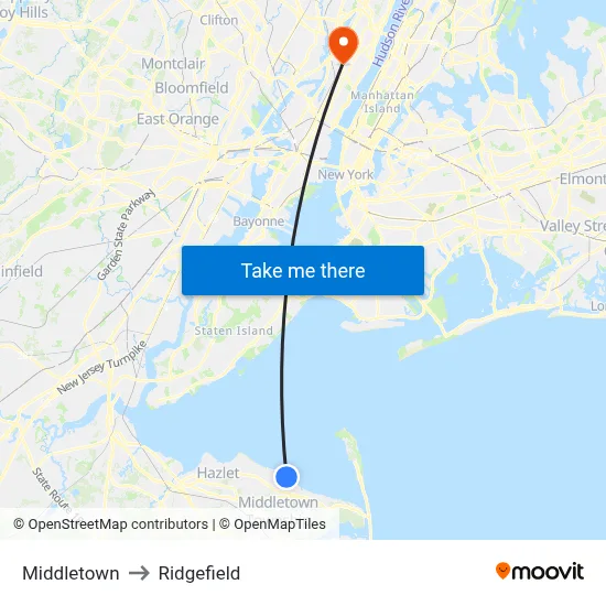 Middletown to Ridgefield map
