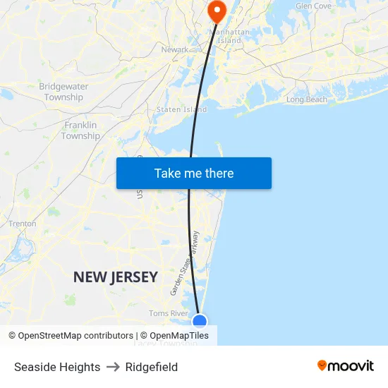 Seaside Heights to Ridgefield map