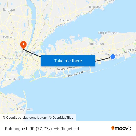 Patchogue LIRR (77, 77y) to Ridgefield map