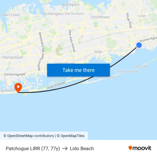 Patchogue LIRR (77, 77y) to Lido Beach map