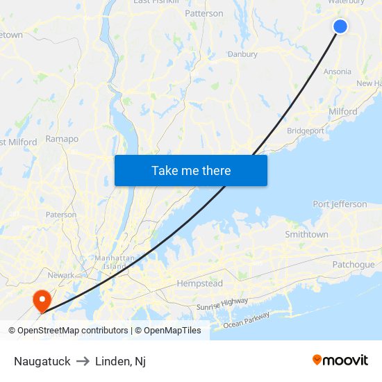 Naugatuck to Linden, Nj map