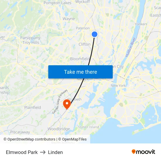 Elmwood Park to Linden map