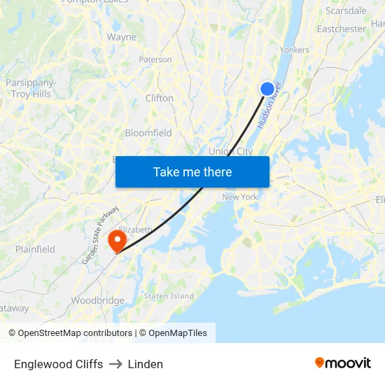 Englewood Cliffs to Linden map