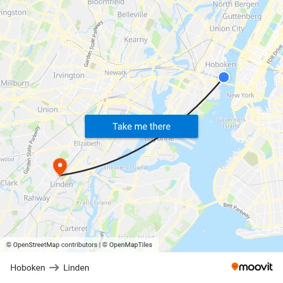 Hoboken to Linden map
