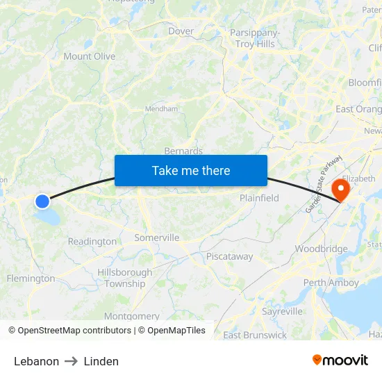 Lebanon to Linden map