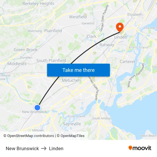 New Brunswick to Linden map