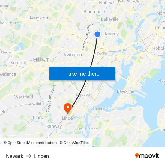 Newark to Linden map