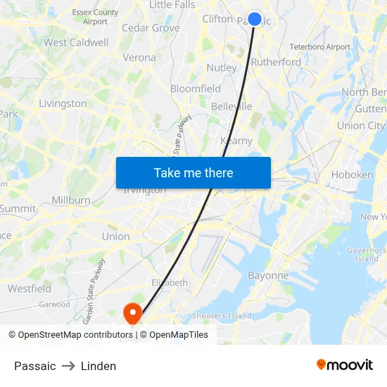 Passaic to Linden map