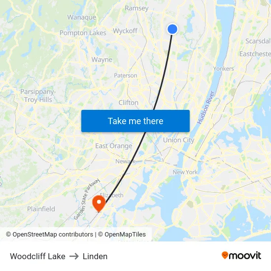 Woodcliff Lake to Linden map