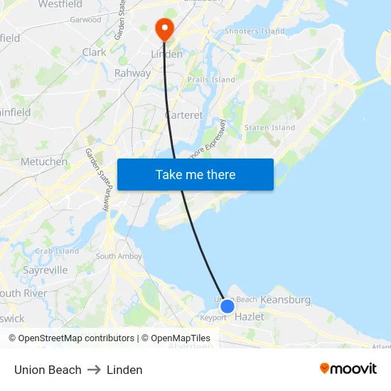 Union Beach to Linden map