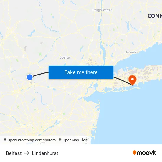 Belfast to Lindenhurst map