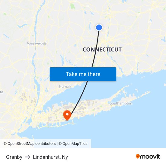 Granby to Lindenhurst, Ny map