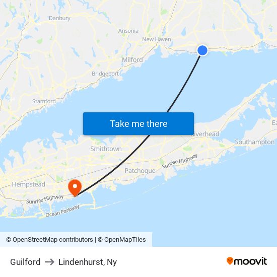 Guilford to Lindenhurst, Ny map