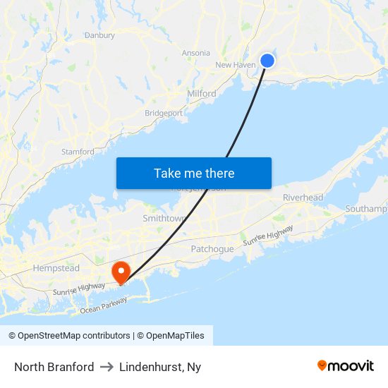 North Branford to Lindenhurst, Ny map