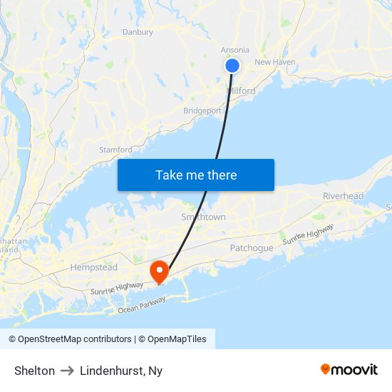 Shelton to Lindenhurst, Ny map