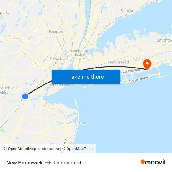 New Brunswick to Lindenhurst map