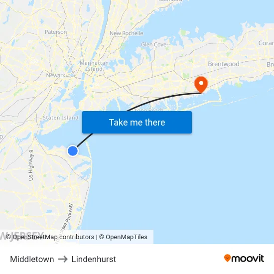 Middletown to Lindenhurst map
