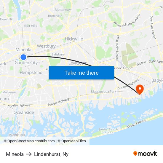 Mineola to Lindenhurst, Ny map