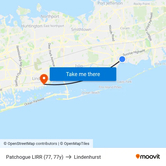 Patchogue LIRR (77, 77y) to Lindenhurst map
