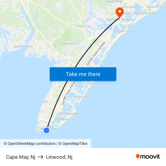 Cape May, Nj to Linwood, Nj map