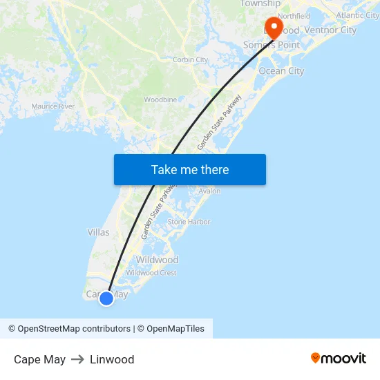 Cape May to Linwood map