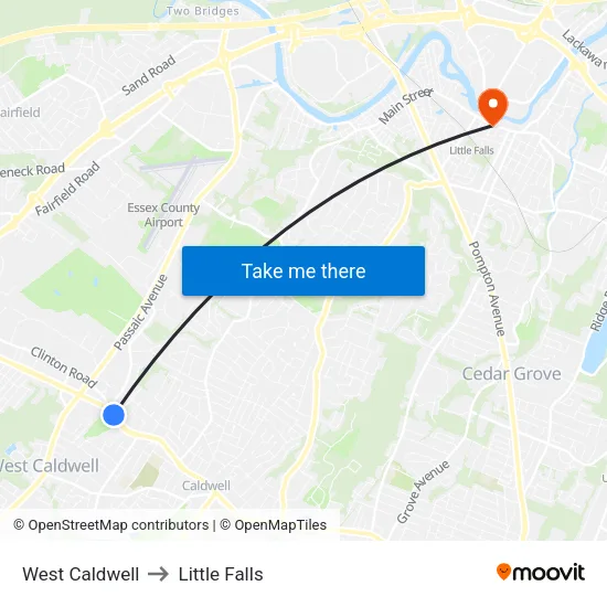 West Caldwell to Little Falls map