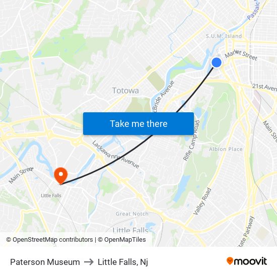 Paterson Museum to Little Falls, Nj map