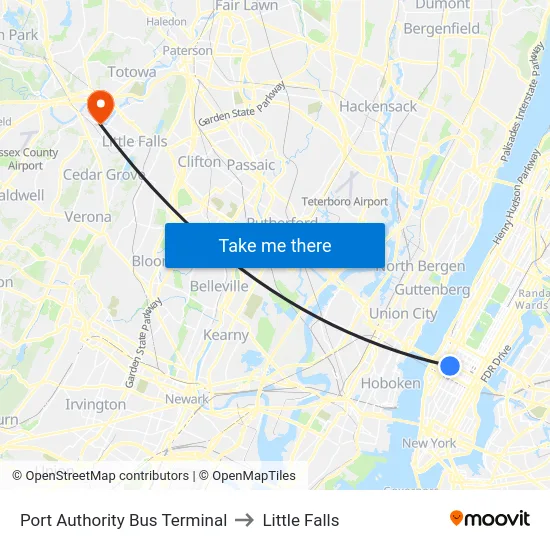 Port Authority Bus Terminal to Little Falls map