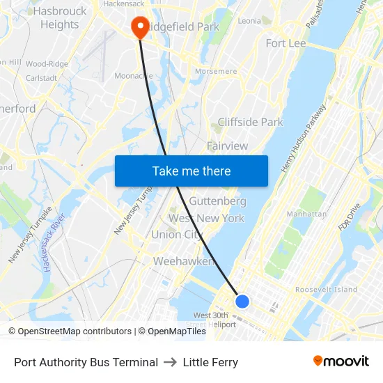 Port Authority Bus Terminal to Little Ferry map