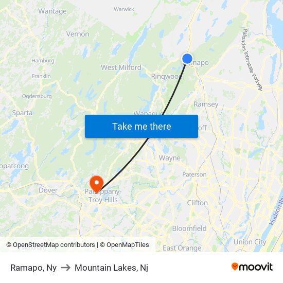 Ramapo, Ny to Mountain Lakes, Nj map