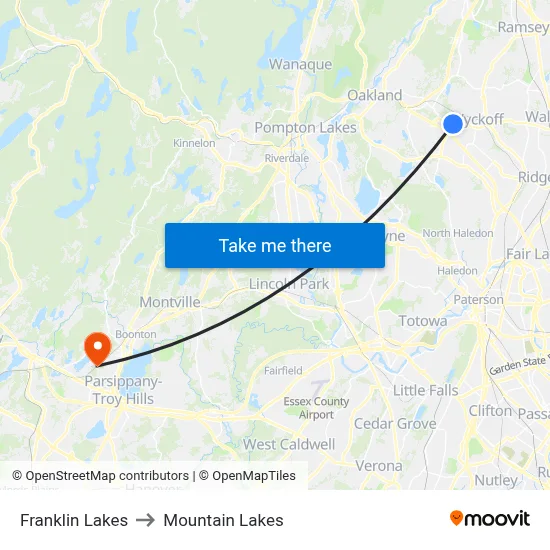 Franklin Lakes to Mountain Lakes map