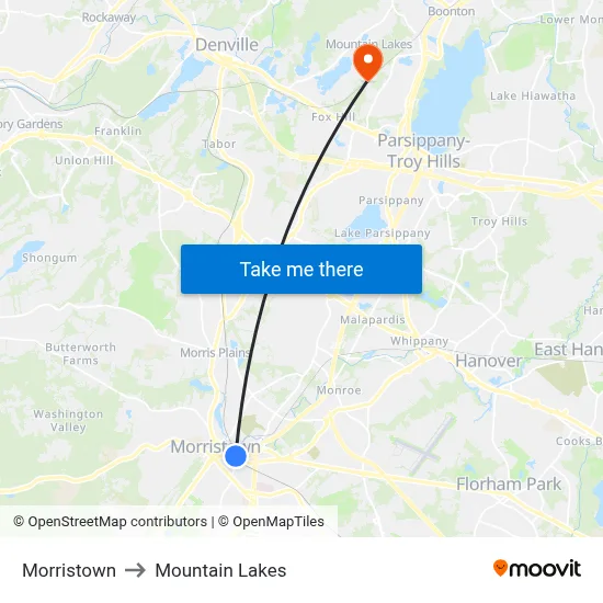 Morristown to Mountain Lakes map