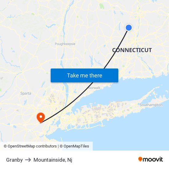 Granby to Mountainside, Nj map